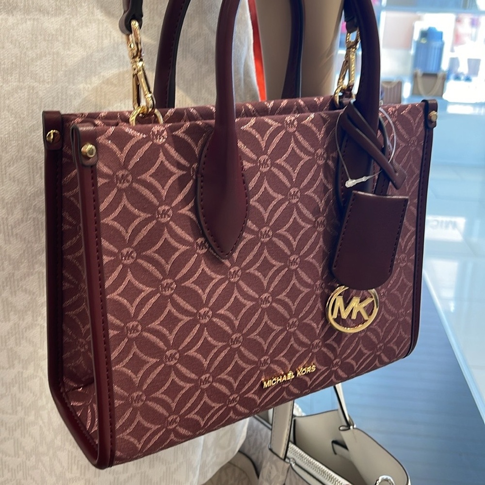 Michael Kors Mirella Small Metallic Logo Jacquard Crossbody Bag Oxblood Multi - Picture 7 of 16